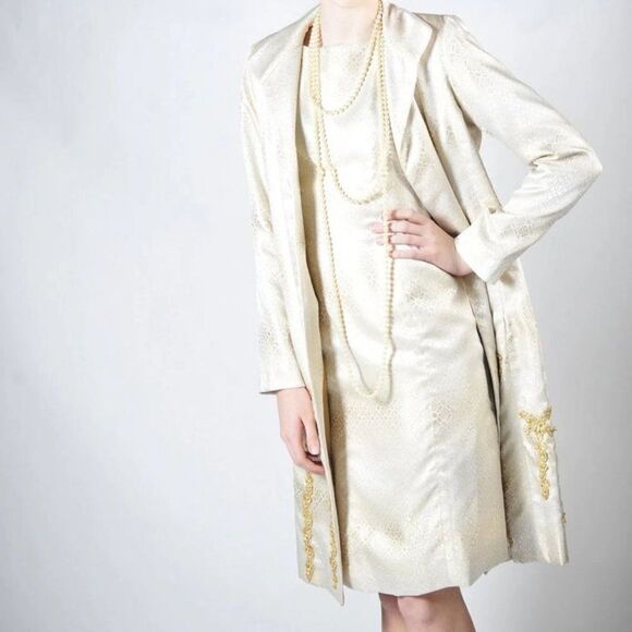 Sondra Falk Couture Gold Ivory Formal Jacket Dress – Size 4 (Designer, NWT)